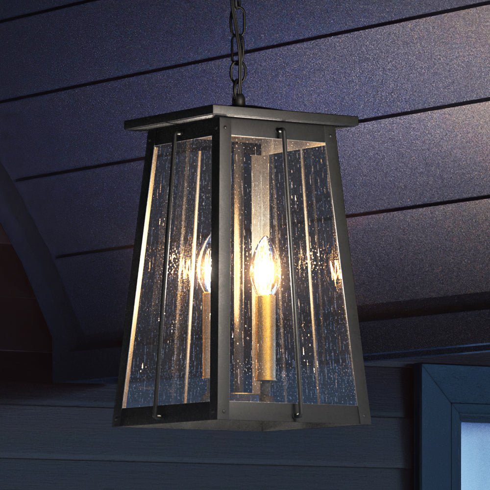 Urban Ambiance, UEX1023 Craftsman Outdoor Pendant 15''H x 9''W, Matte Black & Native Brass Finish, Athens Collection