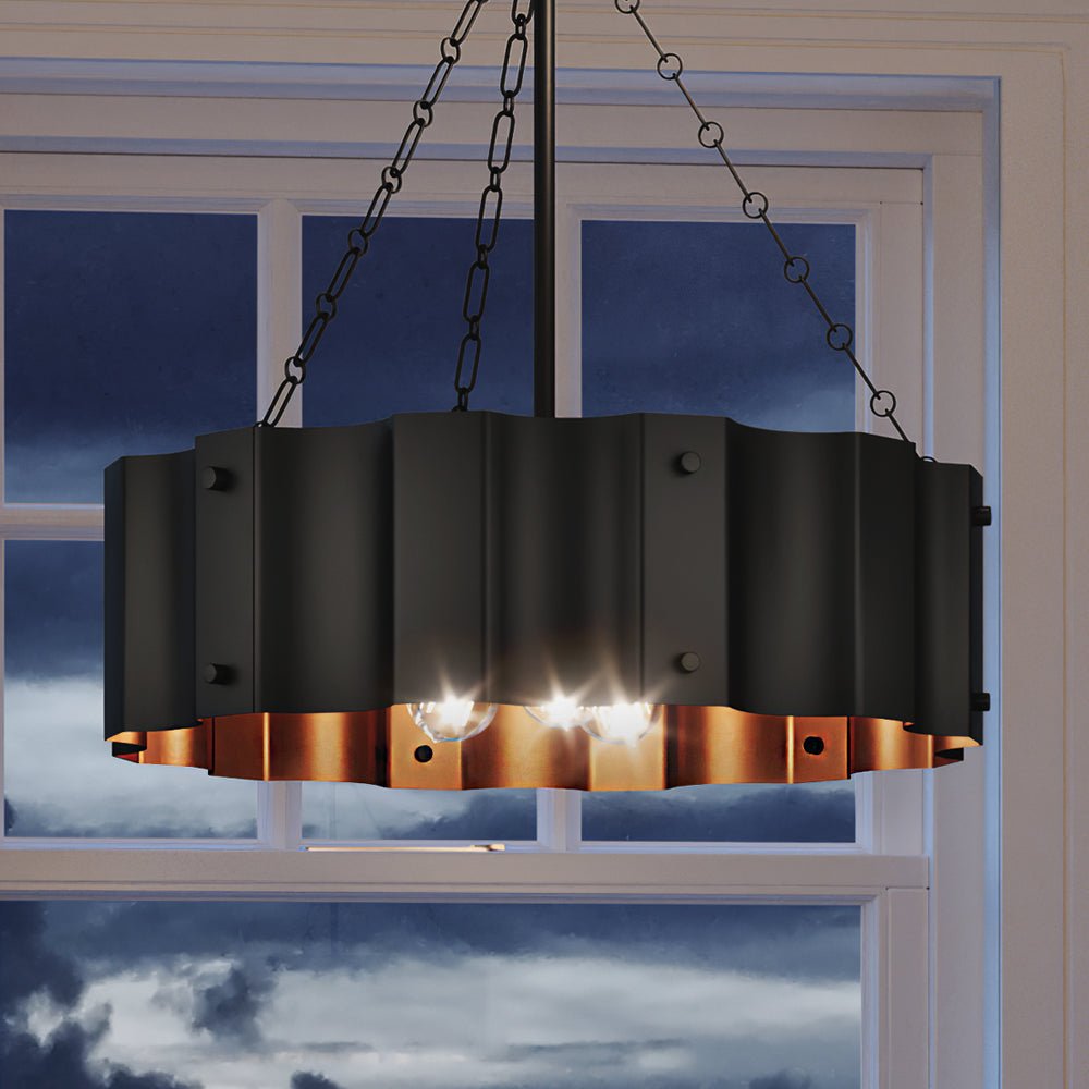 Urban Ambiance, UEX2044 Lux Industrial Chandelier 23''H x 21''W, Black & Gold Finish, Claremore Collection