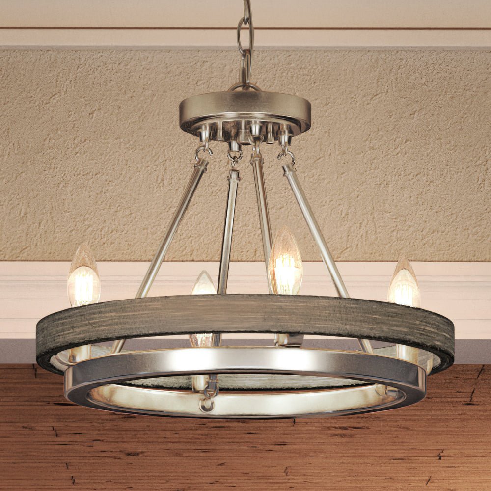 Urban Ambiance, UEX2104 Rustic Chandelier 14''H x 16''W, Satin Nickel Finish, Burlington Collection