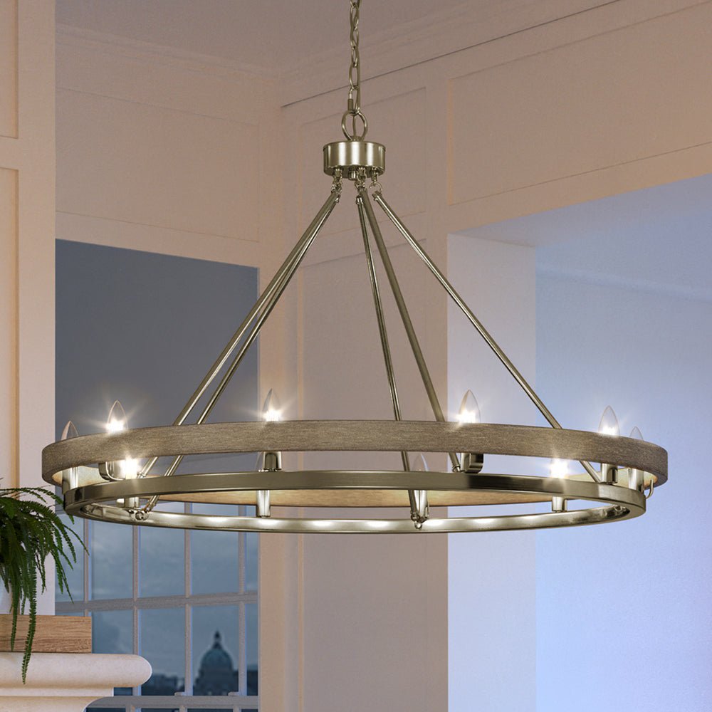 Urban Ambiance, UEX2107 Rustic Chandelier 24''H x 34''W, Satin Nickel Finish, Burlington Collection