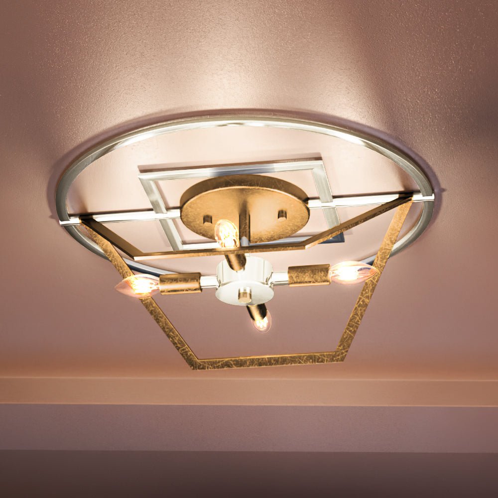 Urban Ambiance, UEX2140 Lux Industrial Ceiling Light 6''H x 18''W, Polished Nickel & Gold Leaf Finish, Princeton Collection