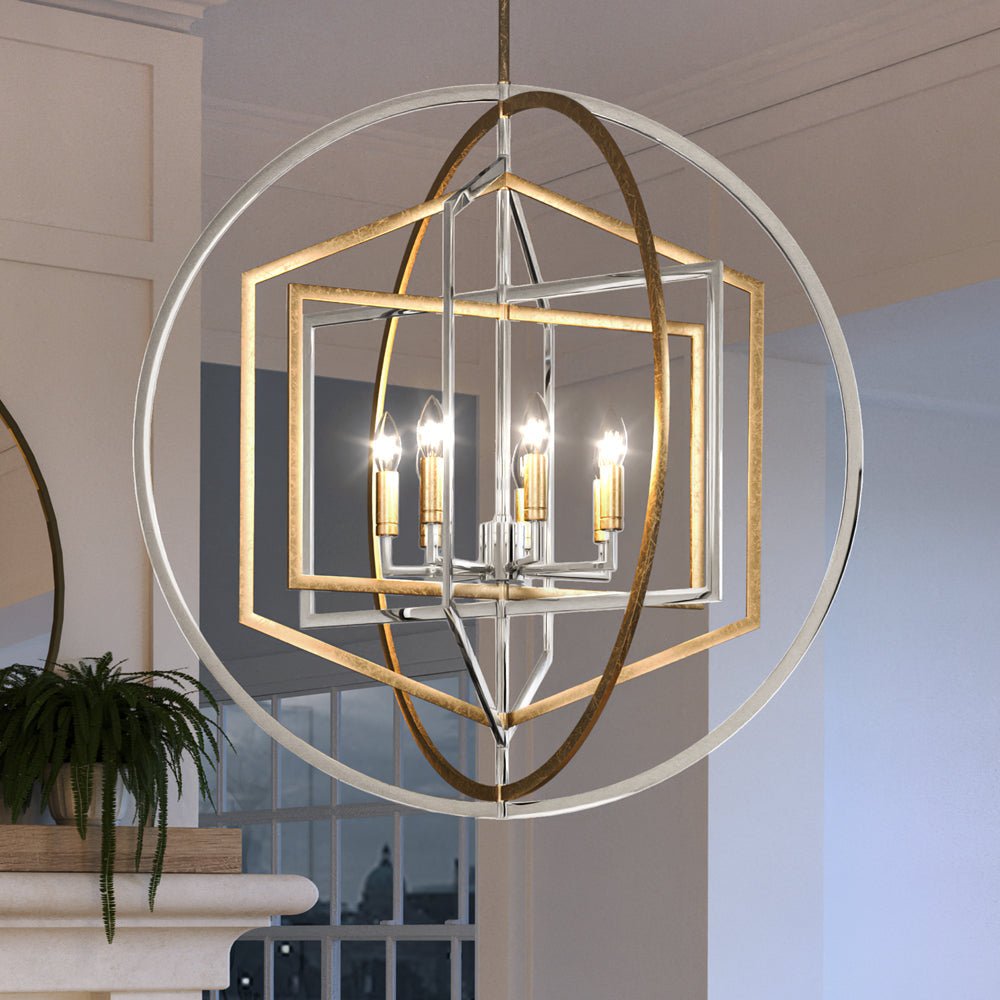 Urban Ambiance, UEX2142 Lux Industrial Chandelier 39''H x 36''W, Polished Nickel & Gold Leaf Finish, Princeton Collection