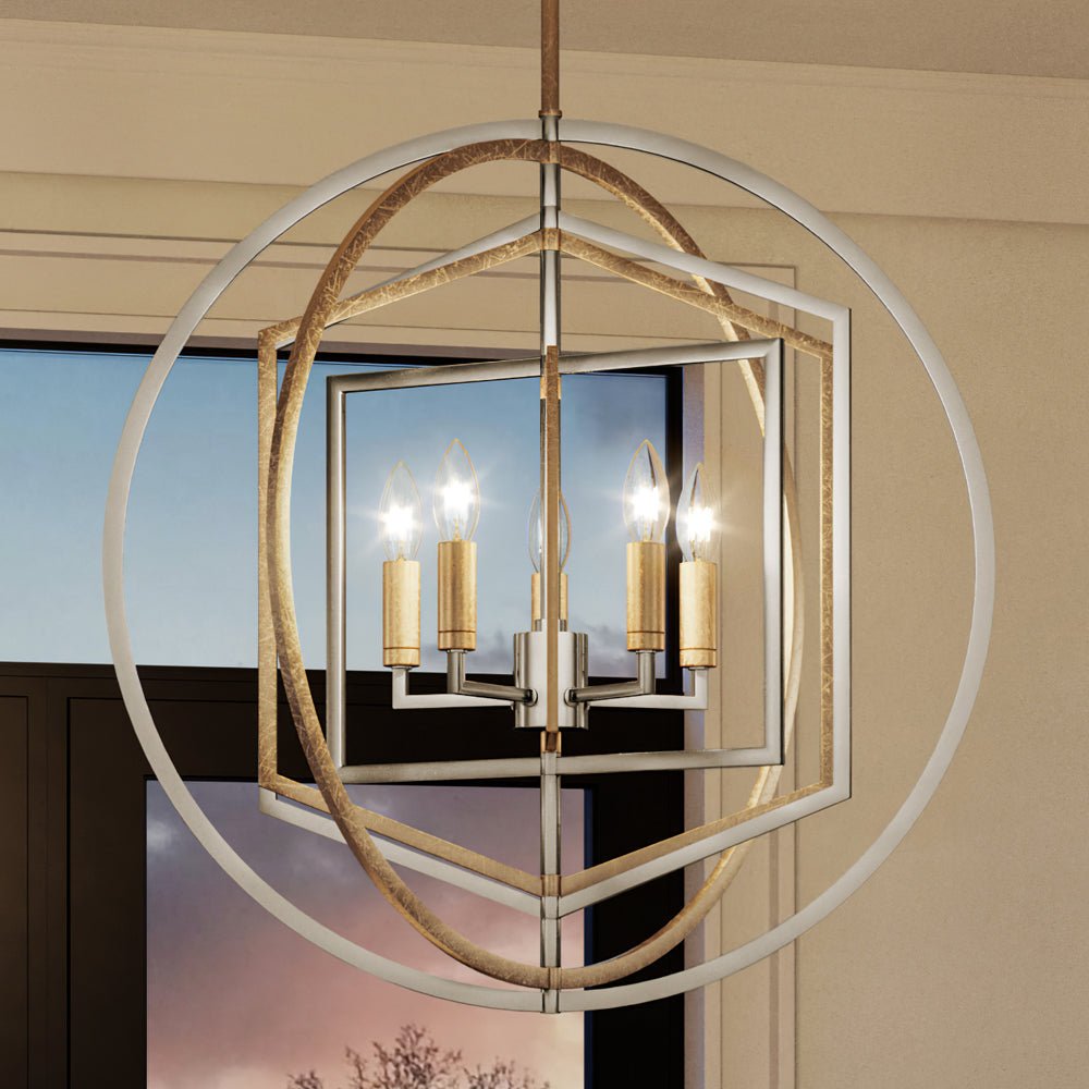 Urban Ambiance, UEX2144 Lux Industrial Chandelier 30''H x 27''W, Polished Nickel & Gold Leaf Finish, Princeton Collection