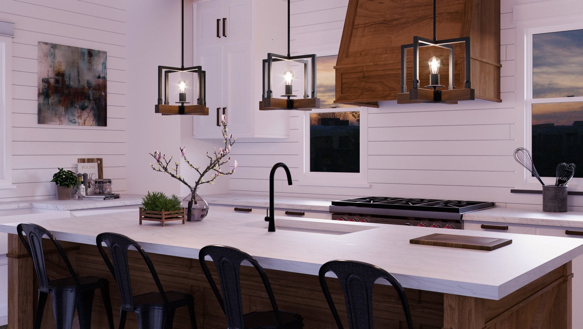 Urban Ambiance, UFS2013 Modern Farmhouse Pendant, 11''H x 11''W, Matte Black & Rich Walnut Finish, Broadway Collection