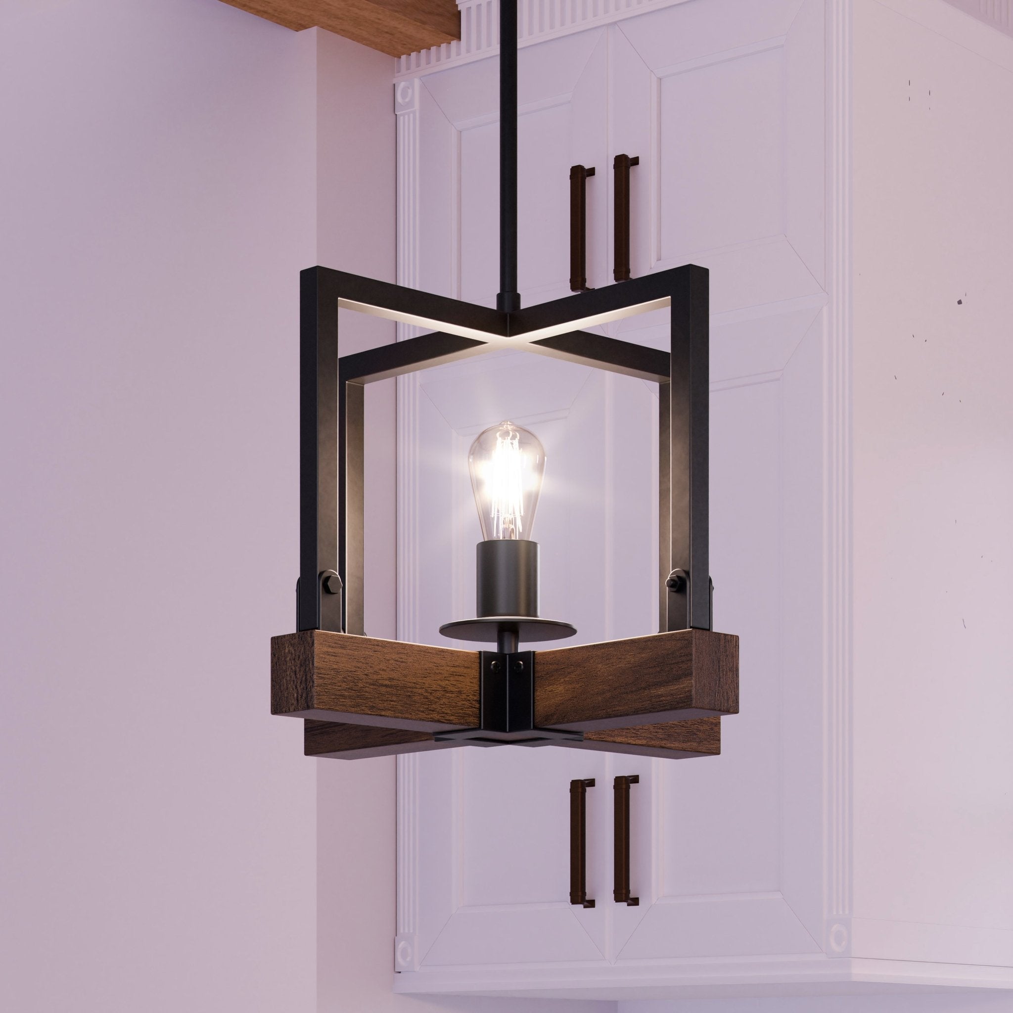 Urban Ambiance, UFS2013 Modern Farmhouse Pendant, 11''H x 11''W, Matte Black & Rich Walnut Finish, Broadway Collection