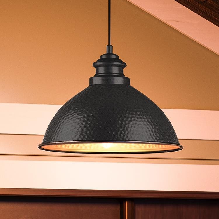 Urban Ambiance, UHP1171 Hammered Outdoor Pendant Light, 8" x 12", Midnight Black Finish, Firenze Collection